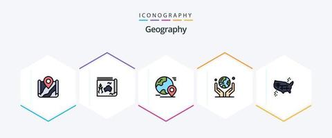 pack d'icônes geo graphy 25 filledline comprenant la main humaine. environnement. livre. tour. épingler vecteur