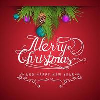 Joyeux Noël et bonne année, carte postale rouge avec des branches d'arbres de Noël décorées de boules de Noël et de cônes vecteur