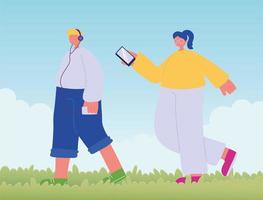 adolescent marchant avec téléphone et fille avec mobile vecteur