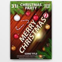 Conception d'affiche de fête de Noël avec fond en bois décoré de branches d'arbres de Noël, boules de Noël, cannes de bonbon et titre 3d, vue de dessus vecteur