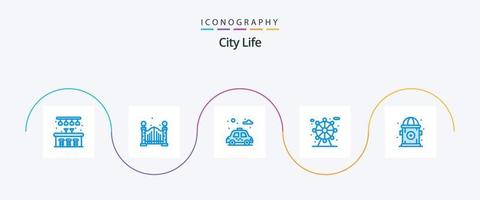 pack d'icônes bleues de la vie urbaine 5 comprenant. auto. bouche d'incendie. ville vecteur