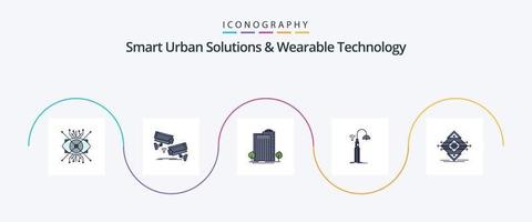 solutions urbaines intelligentes et ligne de technologie portable remplie de 5 icônes plates, y compris le wifi. lumières. surveillance. intelligent. plante vecteur