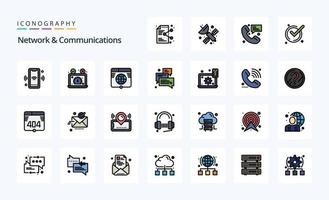 pack d'icônes de style rempli de 25 lignes de réseau et de communication vecteur