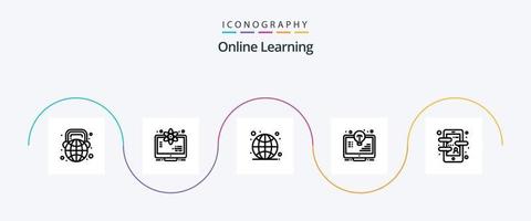 pack d'icônes de la ligne 5 d'apprentissage en ligne, y compris le moniteur. lumière. espace. document. habitent vecteur