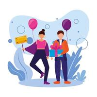 femme et homme avec joyeux anniversaire cadeau et ballons vector design