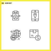 ligne d'interface mobile ensemble de 4 pictogrammes de paramètres d'heures de flux de travail livraison de cellules éléments de conception vectoriels modifiables vecteur