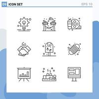 contour de l'interface mobile ensemble de 9 pictogrammes de camping boisson passe-temps travail pop éléments de conception vectoriels modifiables vecteur