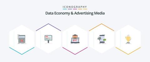 économie de données et médias publicitaires pack de 25 icônes plates, y compris mobile. mégaphone. panneau d'affichage. marché en ligne. organisme vecteur