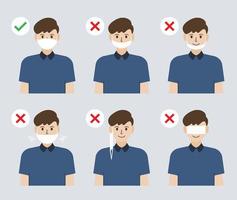 illustration de la manière incorrecte et correcte de porter un masque facial pour prévenir la propagation du coronavirus vecteur