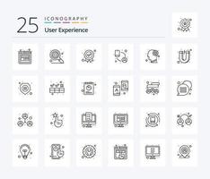 pack d'icônes de 25 lignes d'expérience utilisateur, y compris l'équipement. des médias sociaux. prix. tourner. lien vecteur