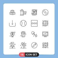 ensemble de 16 symboles d'icônes d'interface utilisateur modernes signes pour les éléments de conception vectoriels modifiables de tablette de disque de bobine de dvd multimédia vecteur