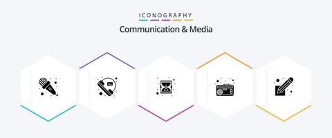 communication et médias pack d'icônes de 25 glyphes, y compris l'audio. bande. parole. radio. Sablier vecteur