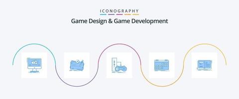 conception de jeux et développement de jeux pack d'icônes bleu 5, y compris l'événement. calendrier. quête. station de jeu. manette vecteur