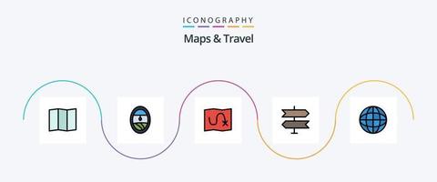 cartes et ligne de voyage remplies de 5 packs d'icônes à plat, y compris. direction. emplacement vecteur