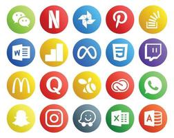 pack de 20 icônes de médias sociaux, y compris la question mcdonalds overflow twitch facebook vecteur