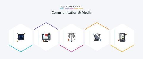 communication et médias 25 pack d'icônes fillline comprenant les médias. La technologie. la communication. la science. Satellite vecteur
