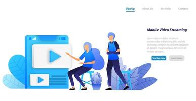 applications de partage et de streaming vidéo mobiles en ligne. les gens choisissent des vidéos d'influenceurs à lire et à regarder. concept d'illustration vectorielle pour page de destination, web, interface utilisateur, bannière, flyer, affiche, modèle, arrière-plan vecteur