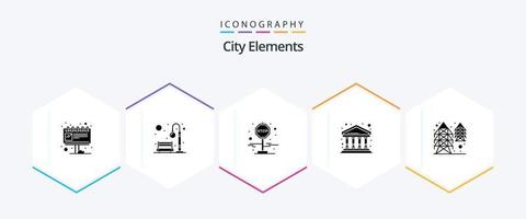 pack d'icônes de 25 glyphes d'éléments de la ville, y compris l'alimentation. imeuble. lumière. finance. banque vecteur