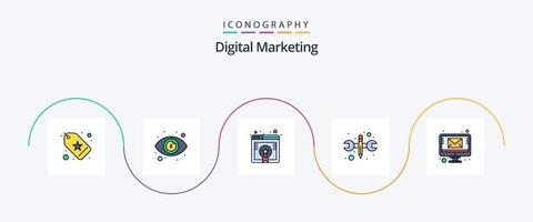 ligne de marketing numérique remplie de 5 icônes plates, y compris l'écran de messagerie. signet. outils. réparation vecteur