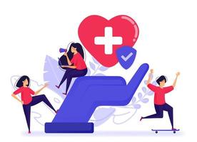 les gens se sentent heureux parce qu'ils ont déjà une assurance maladie et vie. souscrire une assurance bonne et confiante auprès des meilleurs établissements médicaux. illustration vectorielle pour le web, page de destination, bannière, applications mobiles vecteur