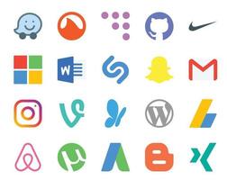 pack de 20 icônes de médias sociaux, y compris adsense wordpress snapchat msn instagram vecteur