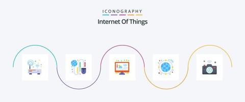 pack d'icônes plat 5 pour l'internet des objets, y compris l'appareil photo. l'Internet. Souris. globe. écran vecteur