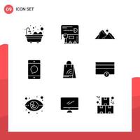 interface mobile glyphe solide ensemble de 9 pictogrammes d'appareils de paysage de message de sac téléphone portable éléments de conception vectoriels modifiables vecteur