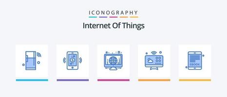 pack d'icônes internet des objets bleu 5 comprenant un ebook. surveiller. communications. Connexions. monde. conception d'icônes créatives vecteur