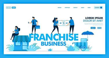 Le système d'entreprise de franchise est une entreprise et un détaillant ouverts pour augmenter et accélérer la croissance des bénéfices, des clients, des avantages et de l'entreprise. participation aux bénéfices dans l'industrie de la franchise. conception de plat illustration vectorielle. vecteur