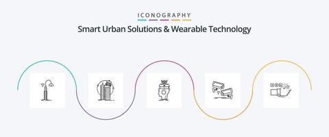 solutions urbaines intelligentes et pack d'icônes de la ligne 5 de la technologie portable, y compris l'appareil photo. Satellite. diriger. cerveau vecteur