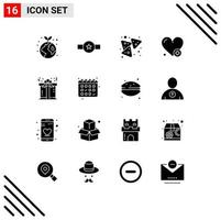 ensemble de 16 glyphes solides universels pour les applications web et mobiles cadeau ajouter des éléments de conception vectorielle modifiables snack heartbeat vecteur