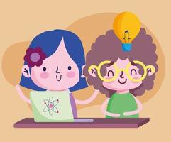 éducation en ligne, étudiant fille et garçon avec dessin animé étude ordinateur portable vecteur