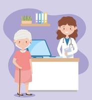 Femme médecin et vieille patiente à l'hôpital avec ordinateur, médecins et personnes âgées vecteur