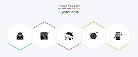 Pack d'icônes de 25 glyphes de cybercriminalité comprenant un verrou. sécurité. cybercriminalité. épargnant. aider vecteur