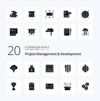 20 pack d'icônes de glyphe solide de gestion et de développement de projet comme des éléments outils essentiels outils commerciaux web vecteur