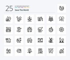 sauvez le pack d'icônes de 25 lignes du monde, y compris la corbeille. environnement. feuille. écologie. Puissance vecteur