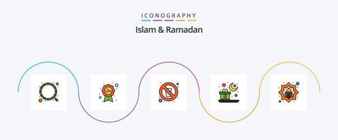 l'islam et la ligne de ramadan ont rempli le pack d'icônes à plat 5, y compris la prière. moubarak. en buvant. cadeau. l'eau vecteur