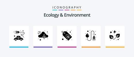 écologie et environnement glyphe 5 pack d'icônes comprenant des feuilles. l'énergie de l'eau. badge. fiche d'alimentation. industrie. conception d'icônes créatives vecteur