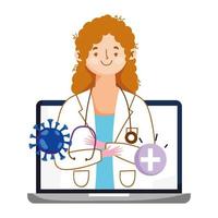 femme médecin ordinateur portable et conception de vecteur de virus covid 19