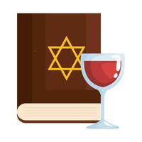 Livre ancien de judaïsme sacré avec étoile d'or juive et coupe de vin vecteur