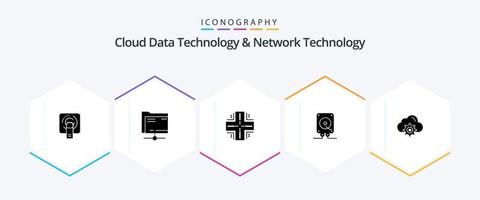 technologie de données cloud et technologie de réseau pack d'icônes de 25 glyphes, y compris le cloud. l'informatique. l'informatique. l'audio. serveur vecteur