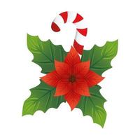 feuilles décoratives de Noël avec fleur rouge et canne vecteur