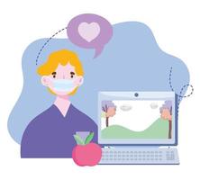 formation en ligne, cours vidéo sur ordinateur garçon avec masque, cours de développement des connaissances à l'aide d'Internet vecteur