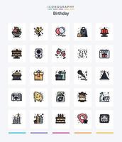 pack d'icônes rempli de 25 lignes d'anniversaire créatif tel que le gâteau. surprendre. des ballons. cadeau. sac vecteur