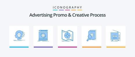 promotion publicitaire et pack d'icônes bleues de processus créatif 5, y compris financier. une analyse. prototype. la navigation. carte. conception d'icônes créatives vecteur