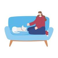 rester à la maison, fille avec chat assis sur un canapé, auto-isolement, activités en quarantaine pour coronavirus