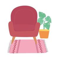 Chaise rouge plante en pot dans la décoration de tapis intérieur design isolé vecteur