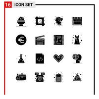 pack de 16 glyphes solides créatifs de tête de devise de film euro usa éléments de conception vectoriels modifiables vecteur