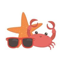 Été voyage et vacances plage crabe étoile de mer et lunettes de soleil icône du design isolé vecteur