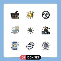 interface mobile ligne remplie couleur plate ensemble de 9 pictogrammes d'éléments de conception vectoriels modifiables de mise au point de chimiste de panneau de flèche ac vecteur